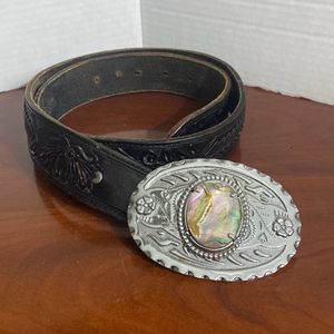 PRCA Rodeo Black Tooled Leather Belt Metal Buckle with Mother of Pearl Adult 34